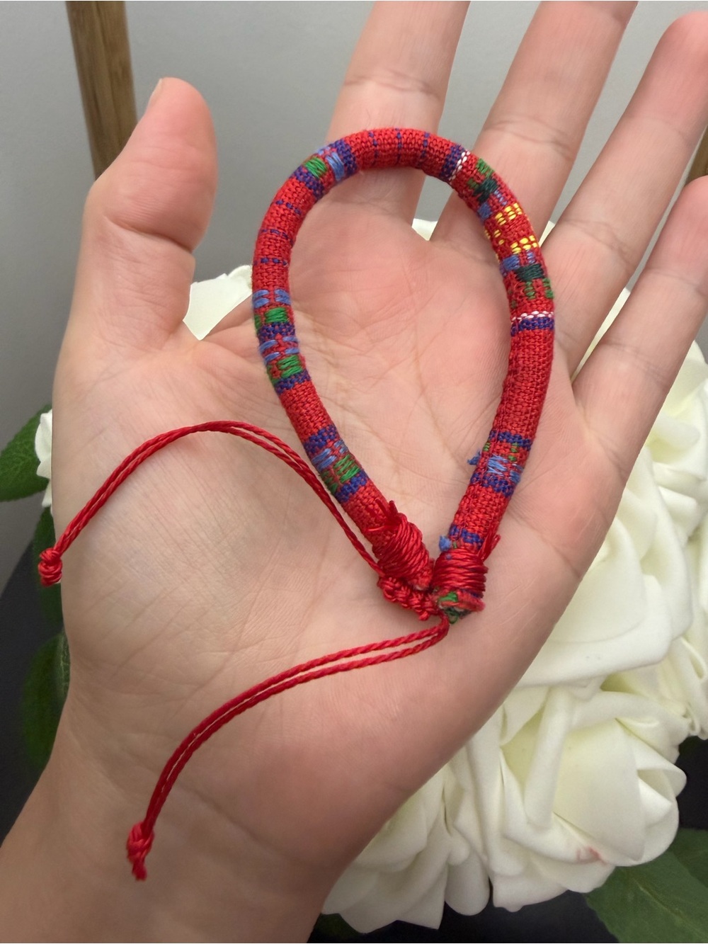 Red Handwoven Adjustable Bracelet with Multicolor Accents